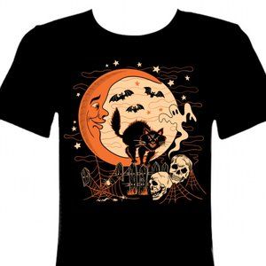 Retro Fall Pinup Halloween Moon Black Cat S-4XL